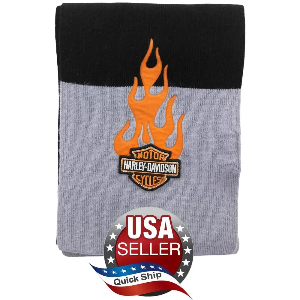 NEW Harley Davidson Scarf Muffler • Gray & Black • Bar & Shield • Orange Flames